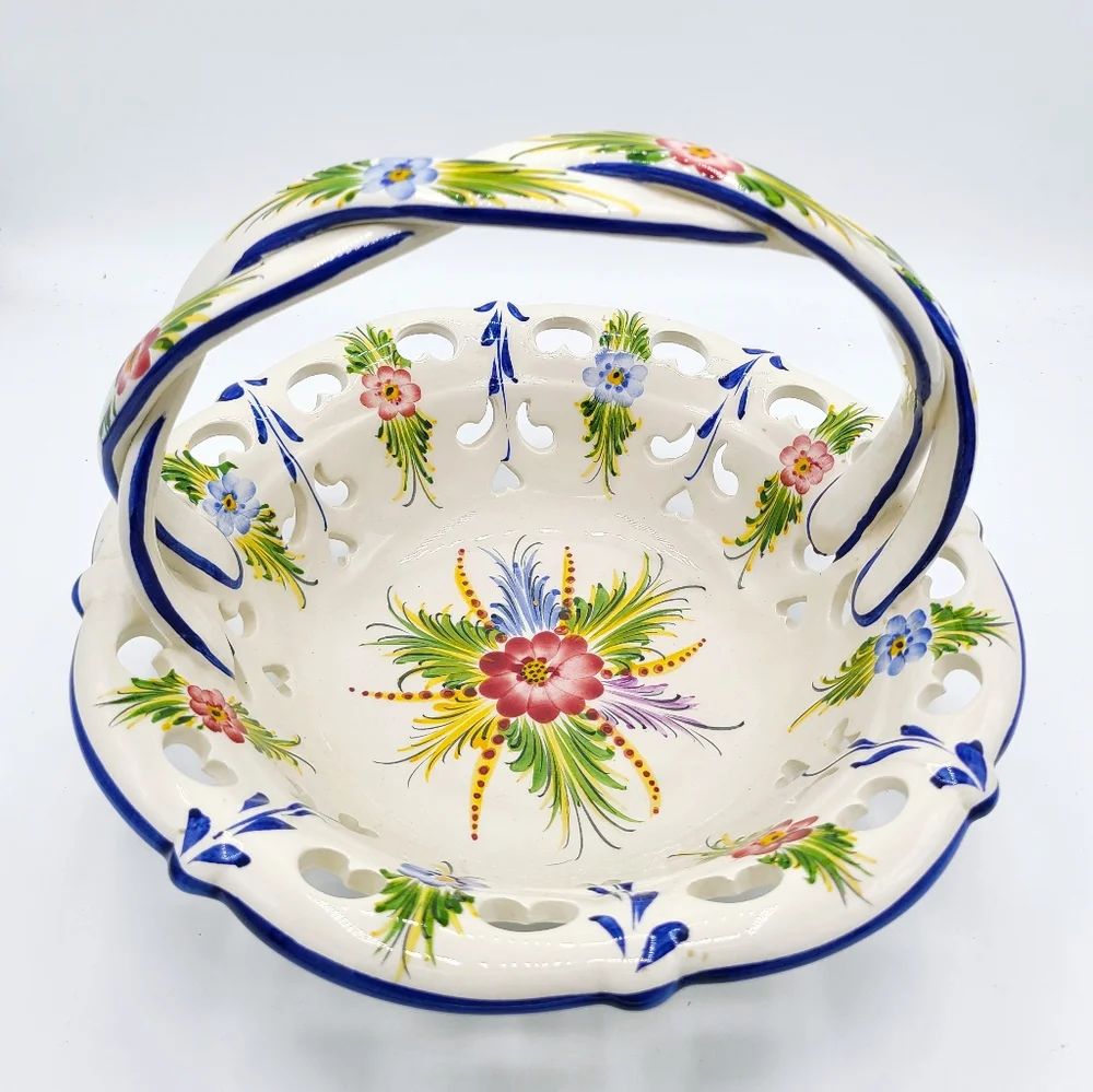 Antique Portugal Vibrant Cobalt Blue White Floral Ceramic Hand Painted Basket - Picture 5 of 7